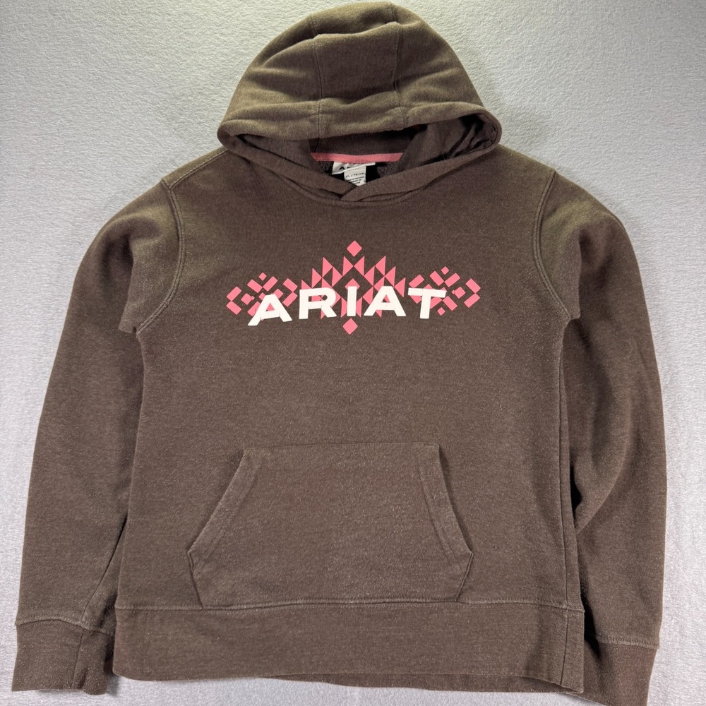 Ariat Real Crest Hoodie‎ Sweatshirt Youth XL Brown Logo Fleece Comfort Workwear